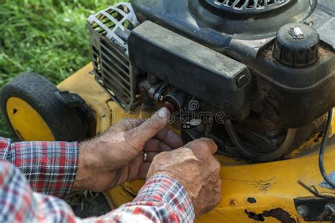 Repairing Lawn Mower Engine Stock Photo - Image of industry, outdoor ...