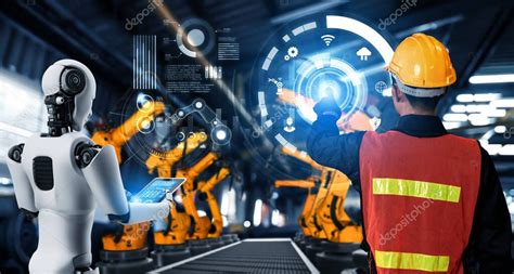 Robot Industrial Mecanizado Y Trabajador Humano Trabajando Juntos En La