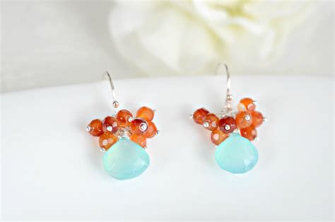 Cluster Earrings Handmade Aqua Blue Chalcedony And Carnelian Cluster