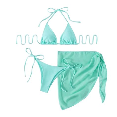 Daolelai Women S Solid Color Triangle Cup Strap Bikini Cover Skirt Three Piece Set Walmart