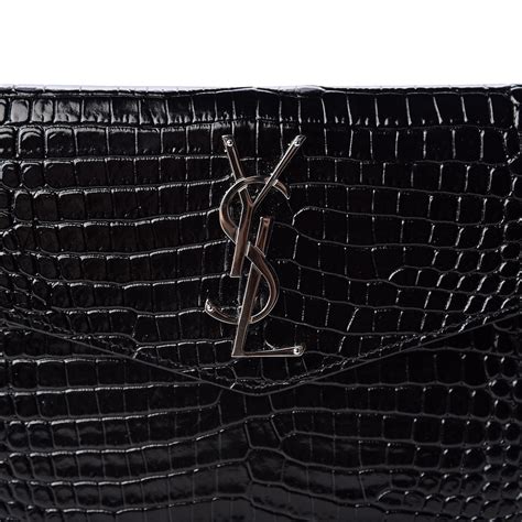 Saint Laurent Calfskin Crocodile Embossed Uptown Monogram Clutch Black