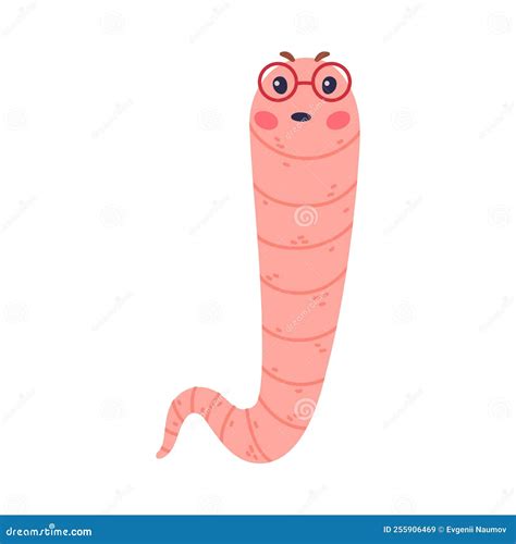 Funny Pink Worm Character With Long Tube Body In Glasses With Frowning