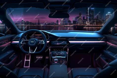 Premium AI Image | the interior of a car with a city skyline in the ...