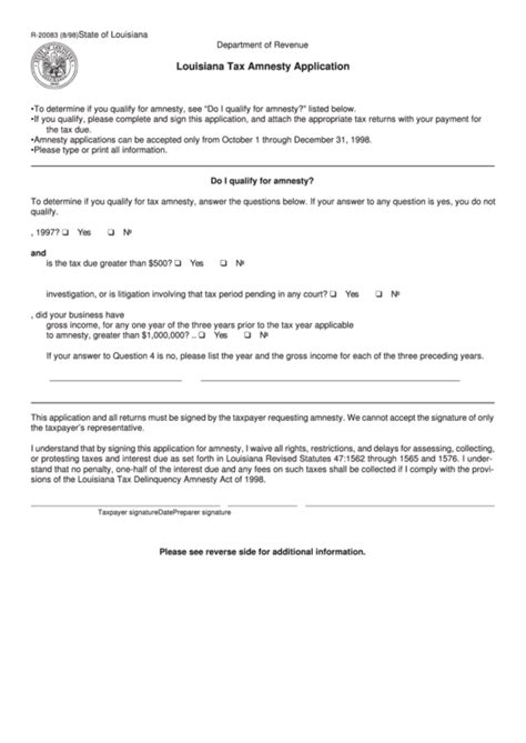 Fillable Form R 20083 Louisiana Tax Amnesty Application State Of Louisiana Printable Pdf