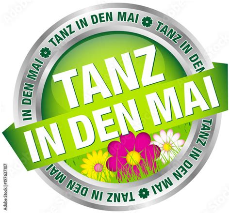 Button Banner Tanz in den Mai Blumen grün pink silber Stock image