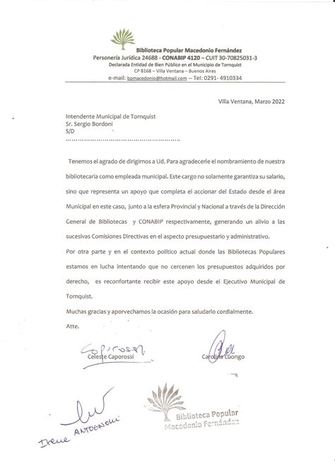 Nota De Agradecimiento Al Intendente Sergio Bordoni