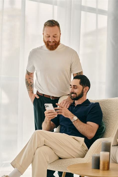 Two Happy Gay Men In Casual Stock Image Image Of Connection Device 323902007