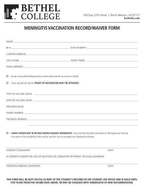 Fillable Online Meningitis Vaccination Record Waiver Form Fax Email