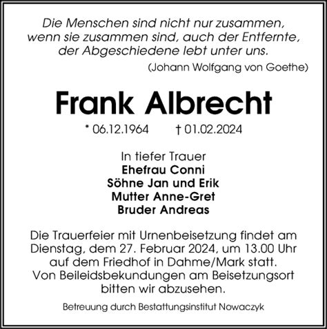 Traueranzeigen Von Frank Albrecht Lr Online Trauer De