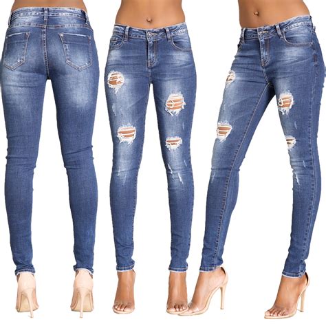 Womens Ripped Knee Skinny Jeans Faded Slim Fit Ladies Denim Size 6 8 10 12 14 16 Ebay