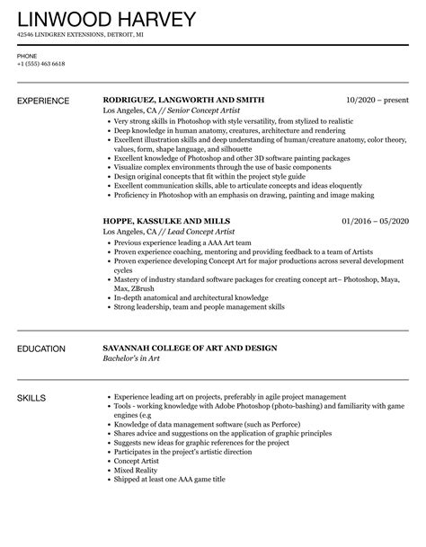 Concept Artist Resume Samples | Velvet Jobs