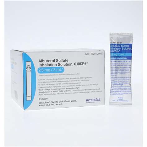 Albuterol Sulfate, Preservative Free 0.083%, 2.5 mg / 3 mL Solution Nebulizer Vial 30 Vials ...