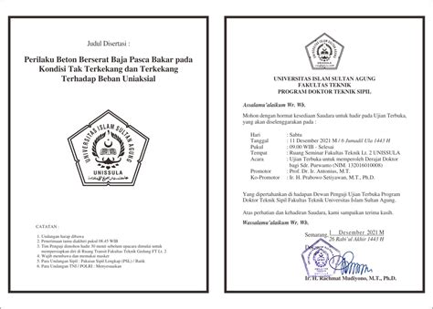 Undangan Ujian Terbuka Sdr Purwanto Program Doktor Teknik Sipil Unissula