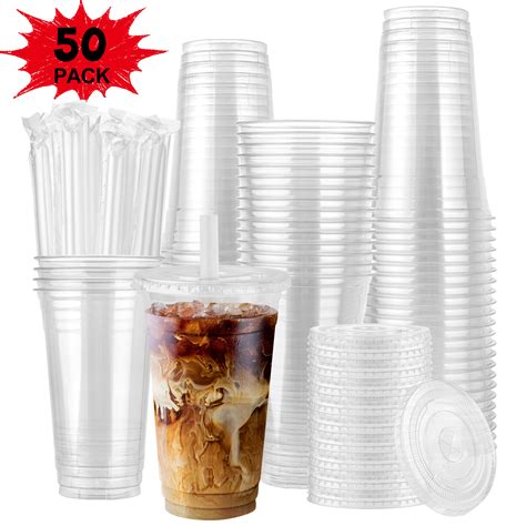 24 oz Clear Party Transparent Disposable Plastic Cups, Flat Lids and ...