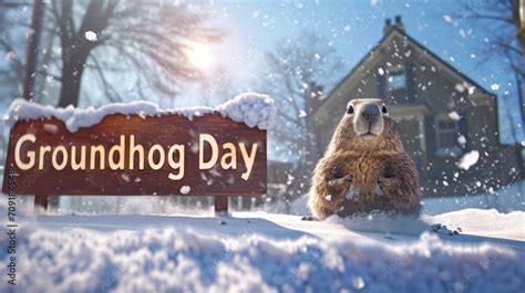 Groundhog in the snow in the winter, with sign for Groundhog day, the February holiday Stock ...