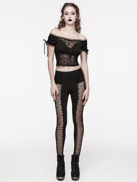 Punk Rave Black Gothic Daily Lace Spliced Hollow Out Pants For Women