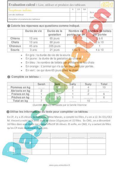 Lire Utiliser Et Produire Un Tableau Cm1 Évaluation Bilan Pdf à Imprimer Par Pass