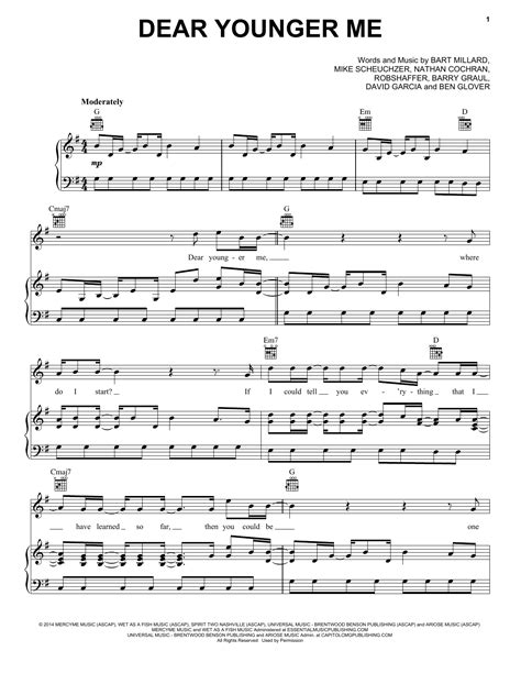 MercyMe "Dear Younger Me" Sheet Music for Piano, Vocal & Guitar | Download PDF - 154246