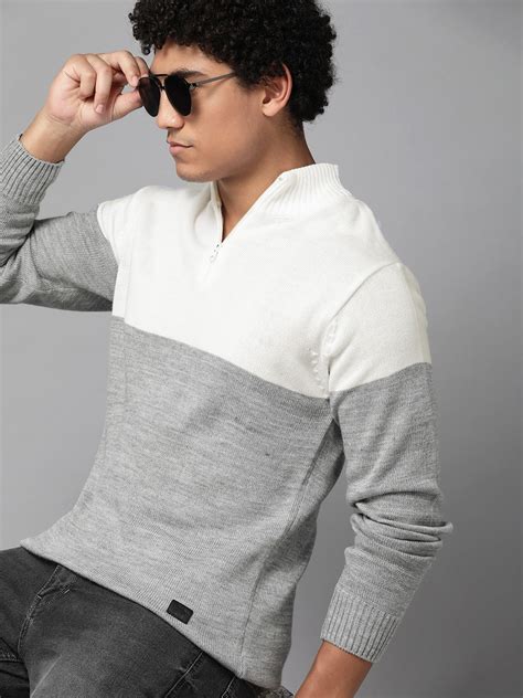 Buy Roadster Men Grey Melange White Colourblocked Pullover Sweaters