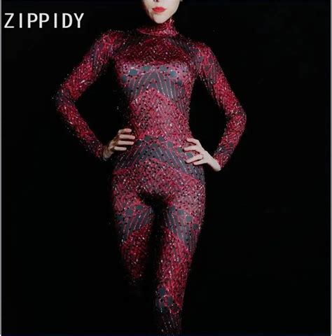 Full Red Rhinestones Spandex Bling Jumpsuit Womens Birthday Party Celebrate Outfit Bar Female