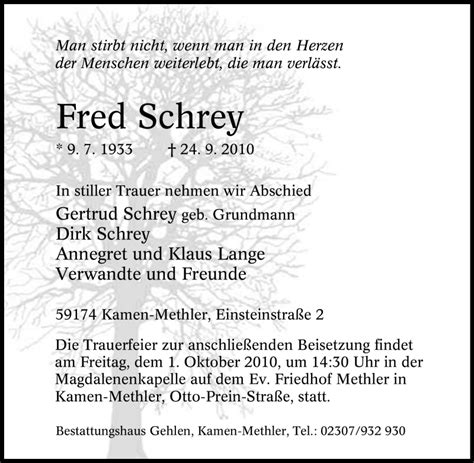 Traueranzeigen Von Fred Schrey Trauer In Nrw De