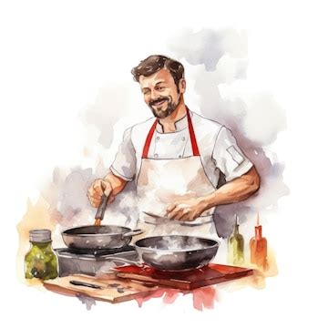 Premium Vector | Chef cooking in the kitchen watercolor illustration on white background