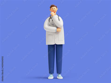 3d render. Doctor cartoon character standing and thinking. Professional ...