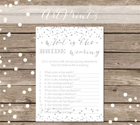 What Is The Bride Wearing Bridal Shower Game Printable Silver Confetti