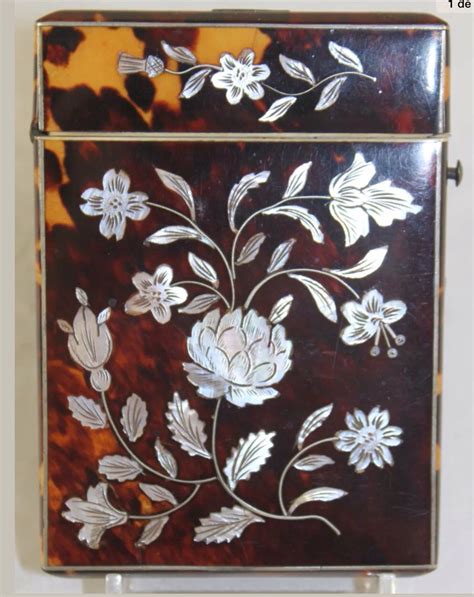 Antique Tortoise Shell Calling Card Case With Inlaid Mother Of Pearl