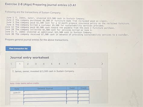 Solved Exercise 2 8 Algo Preparing Journal Entries LO Chegg