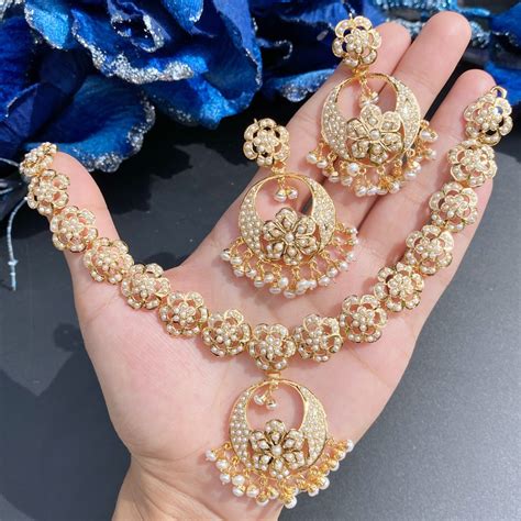 Floral Pearl Necklace Set With Chandbalis Gold Plated Silver Jewelry