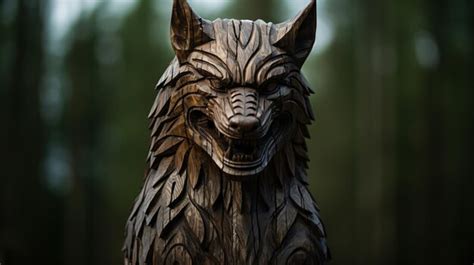 Premium AI Image Wooden Totem Of An Wolf Dark Wood Sculpture Very Deth