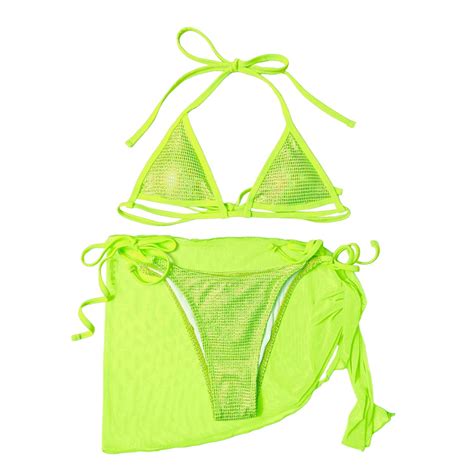 GYUJNB Women S 3 Piece Swimsuits Sequin Halter Triangle String Bikini