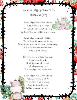 I Want A Hippopotamus For Christmas Song Printable With Props