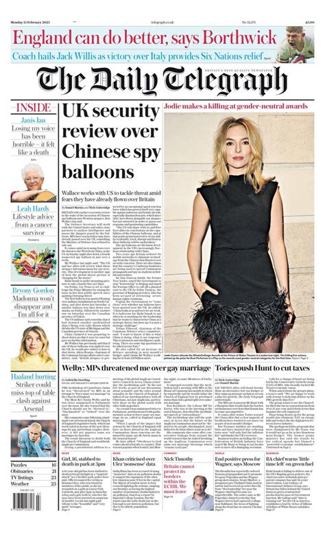 Daily Telegraph Front Page 13th Of February 2023 Tomorrows Papers Today