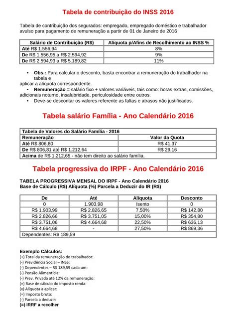 Pdf Tabela De Contribui O Do Inss Sal Rio Familia E Irrf