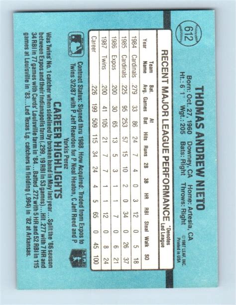 1988 Donruss Tom Nieto Minnesota Twins 612 EBay