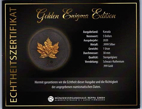 Kanada 5 Dollar 2020 Canada Maple Leaf Veredelt Mit Schwarz Ruthenium