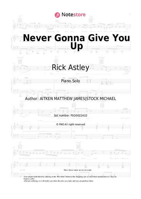 Never Gonna Give You Up Piano Sheet Music Rick Astley In Note Pianosolo Sku Pso0022432