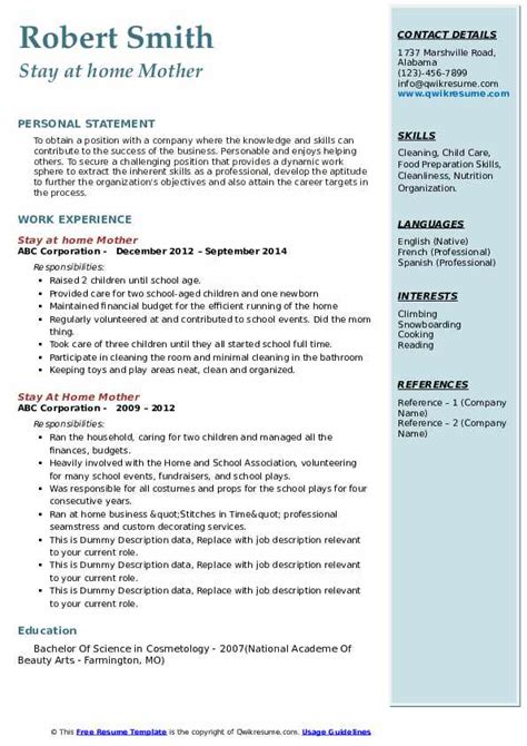 Free Stay At Home Mom Resume Template