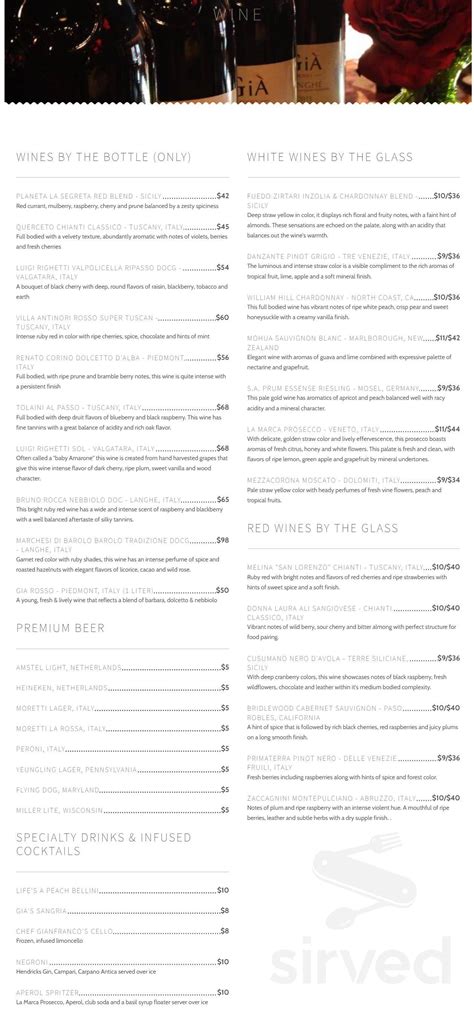 Cafe Gia Ristorante menus in Baltimore, Maryland, United States