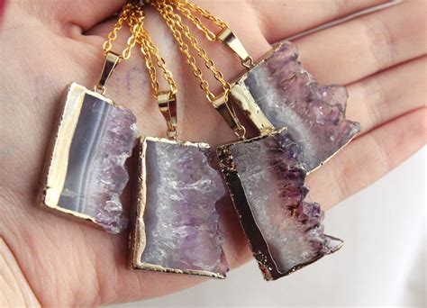 Druzy Gold Amethyst Slice Crystal Necklace Natural Raw Etsy