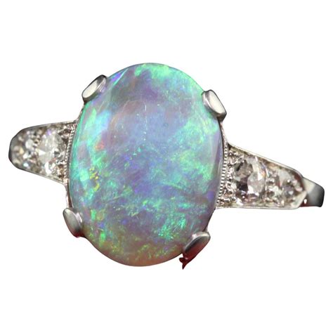 Art Deco Harlequin Precious Black Opal Baguette Diamond Engagement Ring