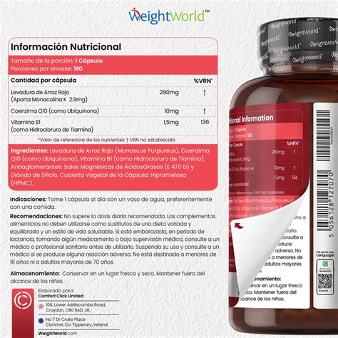 Levadura de Arroz Rojo 290mg 180 Cápsulas Con CoQ10 y B1