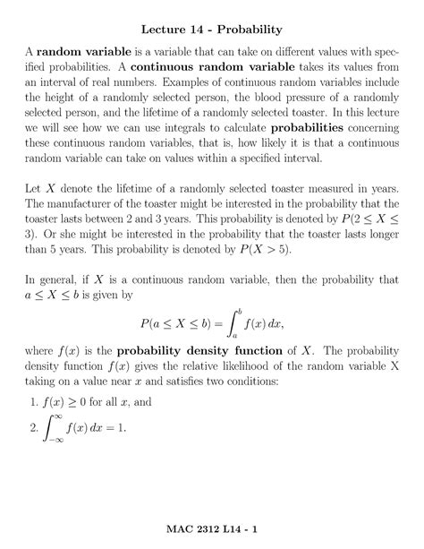 Lecture 14 Probability Lecture 14 Probability A Random Variable