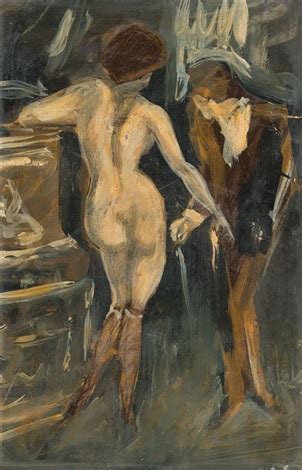 Interior With Standing Female Nude And Man With Cane Von Alfons Walde