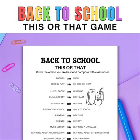 Back To School This Or That Game First Day Of School Activity Printable