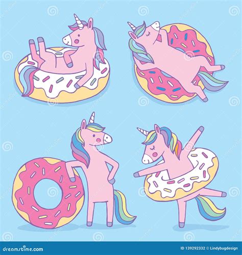 A Set Of Four Cartoon Unicorns With Inflatable Donuts Stock