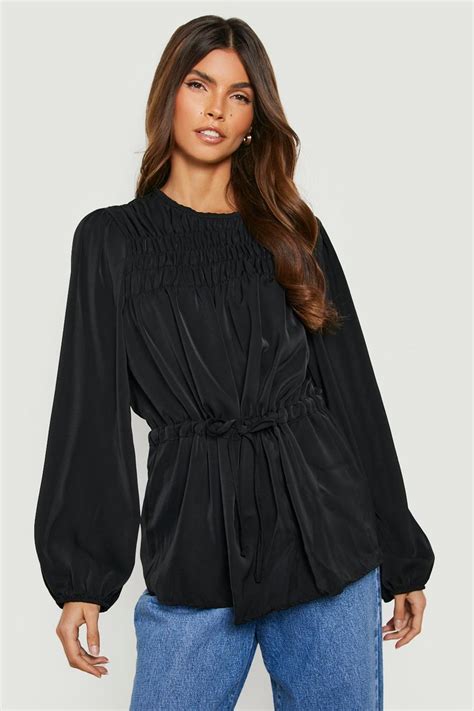 Womens Black Pleat Detail Volume Sleeve Blouse Boohoo Uk