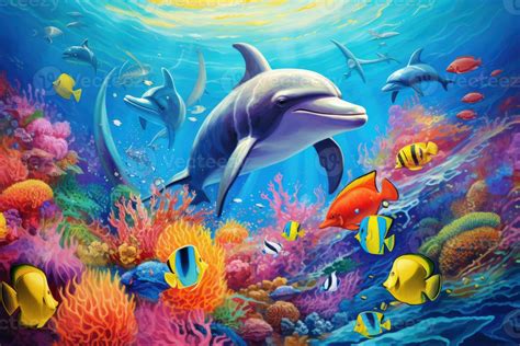 Underwater scene with dolphins and tropical fish - illustration for ...